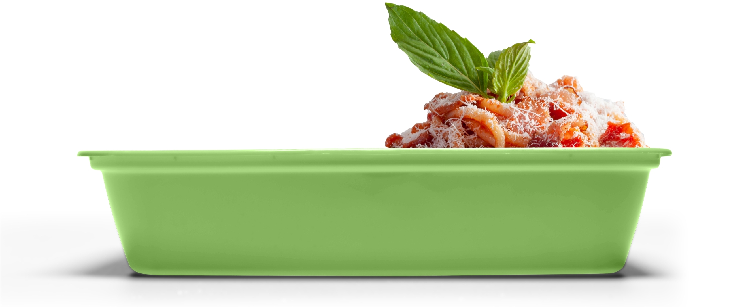 Green dish containing pasta topped with tomato sauce, grated cheese, and a sprig of fresh basil, against a white background.